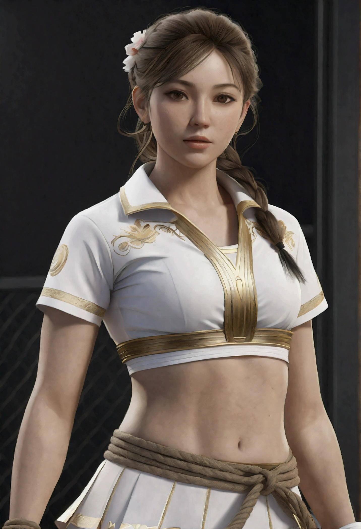 (Perfect Anatomy, Anatomically correct, Very detailed肌), 1 girl, Japanese, 19 years old, Glowing Skin, White skin, Take in the view, Front view, 
Beautiful Hair, Beautiful Face, Beautiful attention to detail, Golden Eyes, (Long Hair:1.7, Side Ponytail:1.5, Light brown hair),  Baby Face, Mole under the eye, 
Beautiful clavicle, Beautiful body, Beautiful breasts, Beautiful thighs, Beautiful feet, Large Breasts:0.5, Captivating thighs, Camel Toe, break, 
((Symmetrical Clothing Metallic)), ((Pink tennis uniform, Short sleeve, shirt, skirt, socks, Tennis shoes), White panties), ((Slave Collar)), break, 
(((((Brown rope)), shibari:1.5, (Tying over clothes)))), ((Put your arms behind your back:1.5), Chest Bondage, Arm bondage Leg bondage), (((Toys in panties))), 
((Embarrassing, Open your mouth)), (Are standing),  
(Beautiful views), evening, (Tennis court), 
(8k, Highest quality, Masterpiece​:1.2, Very detailed), (Realistic:1.2), Beautiful illustrations, Cinema Lighting,