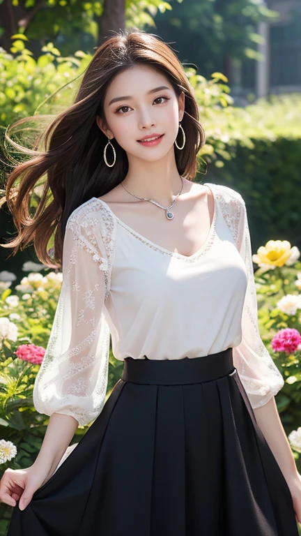 (Highest quality、 8k 、masterpiece、High resolution)、wallpaper、Young lovely woman、Ample breasts、Beautiful clavicle、Slender beauty、(Brown hair medium、My hair is blowing in the wind、Flows backwards)、whole body、 (Beautiful Face,Beautiful Eyes,Beautiful nose,Pretty lips)、(Earrings、silver heart pendant necklace)、(Feminine Style、3/4 Sleeve Lace Blouse、See-through long skirt)、Her mouth opens slightly and a smile appears.、Dynamic pose、Outdoor、garden、Colorful flowers、looking at the camera、Professional Lighting、Professional photographer、