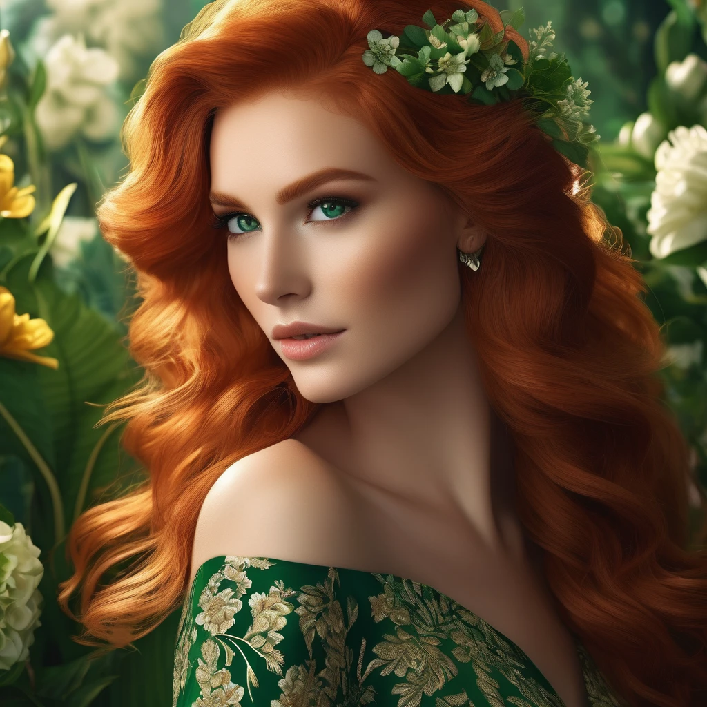 a beautiful redhead woman, a green floral dress, an elegant pose, detailed facial features, striking green eyes, long eyelashes, delicate skin, detailed hair strands, intricate floral patterns, soft natural lighting, vivid colors, photorealistic, 8k, best quality, highly detailed, cinematic lighting, dramatic angles, masterpiece