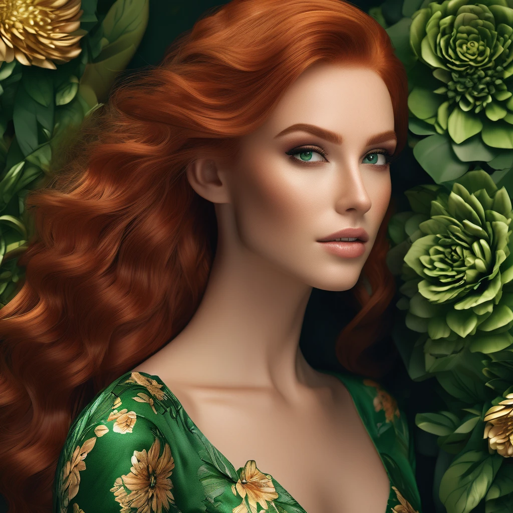 a beautiful redhead woman, a green floral dress, an elegant pose, detailed facial features, striking green eyes, long eyelashes, delicate skin, detailed hair strands, intricate floral patterns, soft natural lighting, vivid colors, photorealistic, 8k, best quality, highly detailed, cinematic lighting, dramatic angles, masterpiece