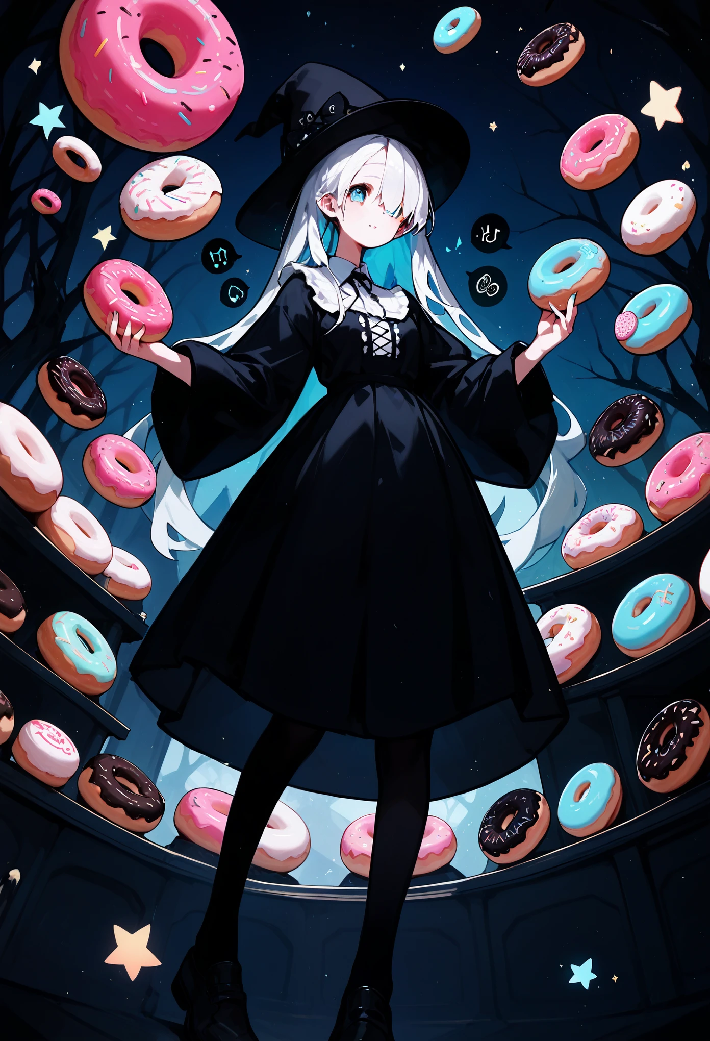 score_9, score_8_up, score_7_up, score_6_up, score_5_up, score_4_up, a lot of different donuts, a lot of cute ghosts munching on donuts, dancing notes, sparkling effects, ghost effects, cartoon-style, cute funny dark horror fantasy, background a lot of colorful donuts