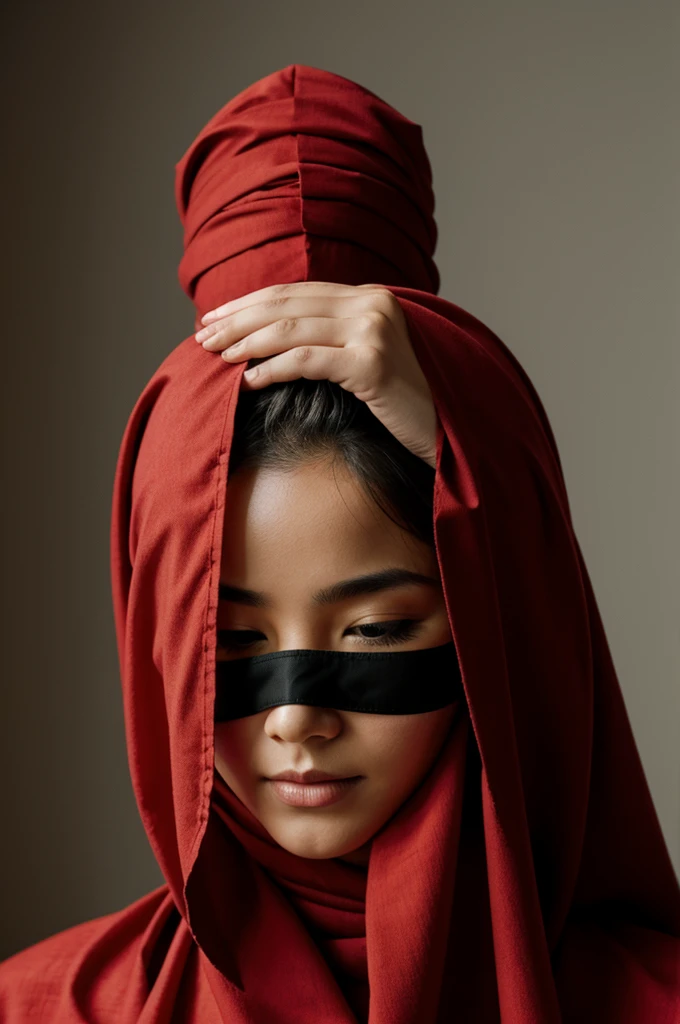 A person with eyes covered by a red cloth sits cross-legged, meditating with six arms
