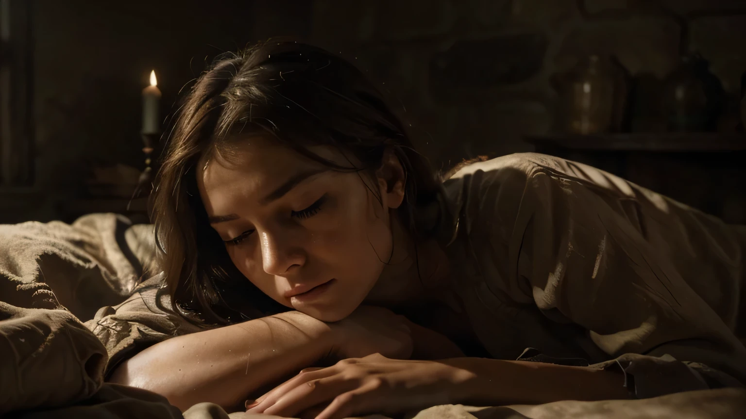 At night, girl fainted, eyes closed, lying on bed, 12 years old, with high fever, fainted, brown hair, fainted sick on bed, dimly lit room, with stone walls, in the light of a single candle (the Best Quality). ,4k,8k,high resolution,masterpiece:1.2),ultra detailed,(realistic,photorealistic,photorealistic:1.37),chiaroscuro lighting,dramatic lighting,intricate details,cinematic composition,natural skin tones,highly detailed facial features, expressive eyes, detailed hands, aged and worn appearance, dramatic shadows, dusty prison interior, rough stone walls, rusty iron bars, flickering candlelight, historical, renaissance, oil painting