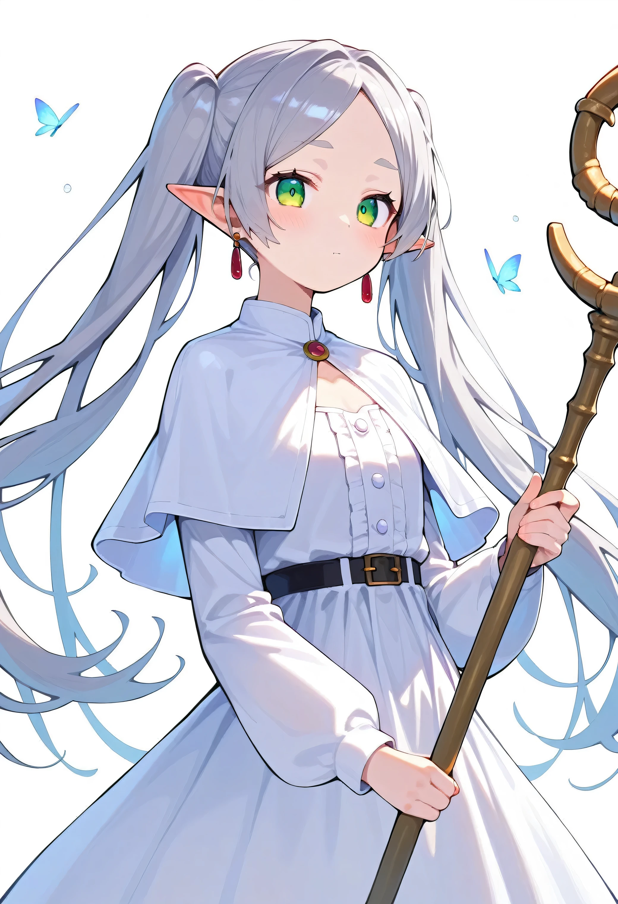 (score_9,score_8_superior,score_7_superior,score_6_superior,score_5_superior,score_4_superior),Nereil,Freezing,One girl,alone,Pointed Ears,Green Eyes,Twin tails,staff,Long Hair,Earrings,Holding,jewelry,White Background,Holding staff,blush,Capelet,Fairy,View your viewers,dress,Simple Background,white Capelet,Long sleeve,white dress,Mouth closed,chest,very Long Hair,bangs,parted bangs,Gray Hair,superiorper body,((best quality)), (ultra-detailed), ((extremely detailed)), (beautiful), ((kawaii girl))