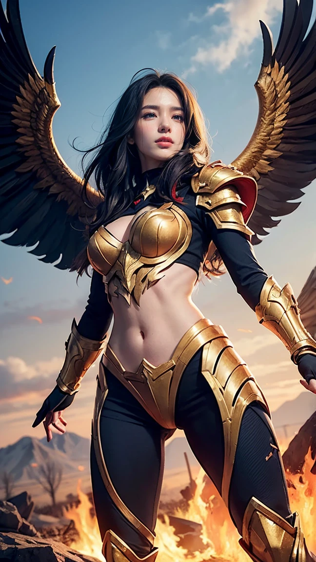 Imagine Quinn from League of Legends in her Phoenix skin, massive k-cups,featuring fiery, golden armor and a majestic, mythical bird aesthetic. Capture the moment she activates her Heightened Senses ability, with Valor soaring high and revealing enemy positions while Quinn’s eyes glow with intense focus