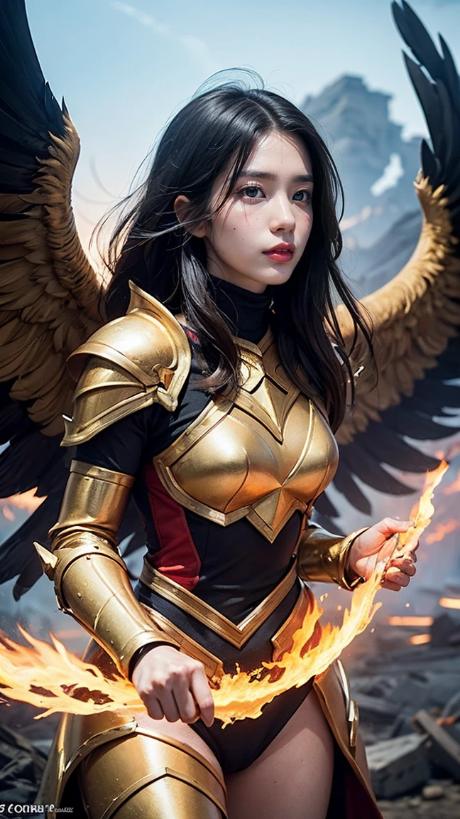 A beautiful Japanese girl stands against a battlefield-like background、Spreading black wings。Her face is full of strength and determination.、Long black hair fluttering in the wind。
The background is a barren land and a raging flame.、It reminds me of scenes of war and destruction.。The contrast between the grey sky and the flames is very dramatic.、It adds tension to the whole scene.。
She is wearing a light black outfit、Decorated with torn fabric and metal。The costume shows signs of battle.、It&#39;s a realistic depiction of mud and blood.。The boots and arm guards were also damaged.、It exudes a warrior vibe.。
She is posing powerfully,、The gaze is fixed straight ahead。Her outstretched wings further emphasize her majesty and strength.。
This photo was taken vertically、Placing the subject at the center emphasizes her presence.。The contrast between the flames in the background and her black wings is striking.、Light and shadow effects create a dramatic atmosphere。Using ultra-realistic live-action techniques、It is characterized by its attention to detail.。
