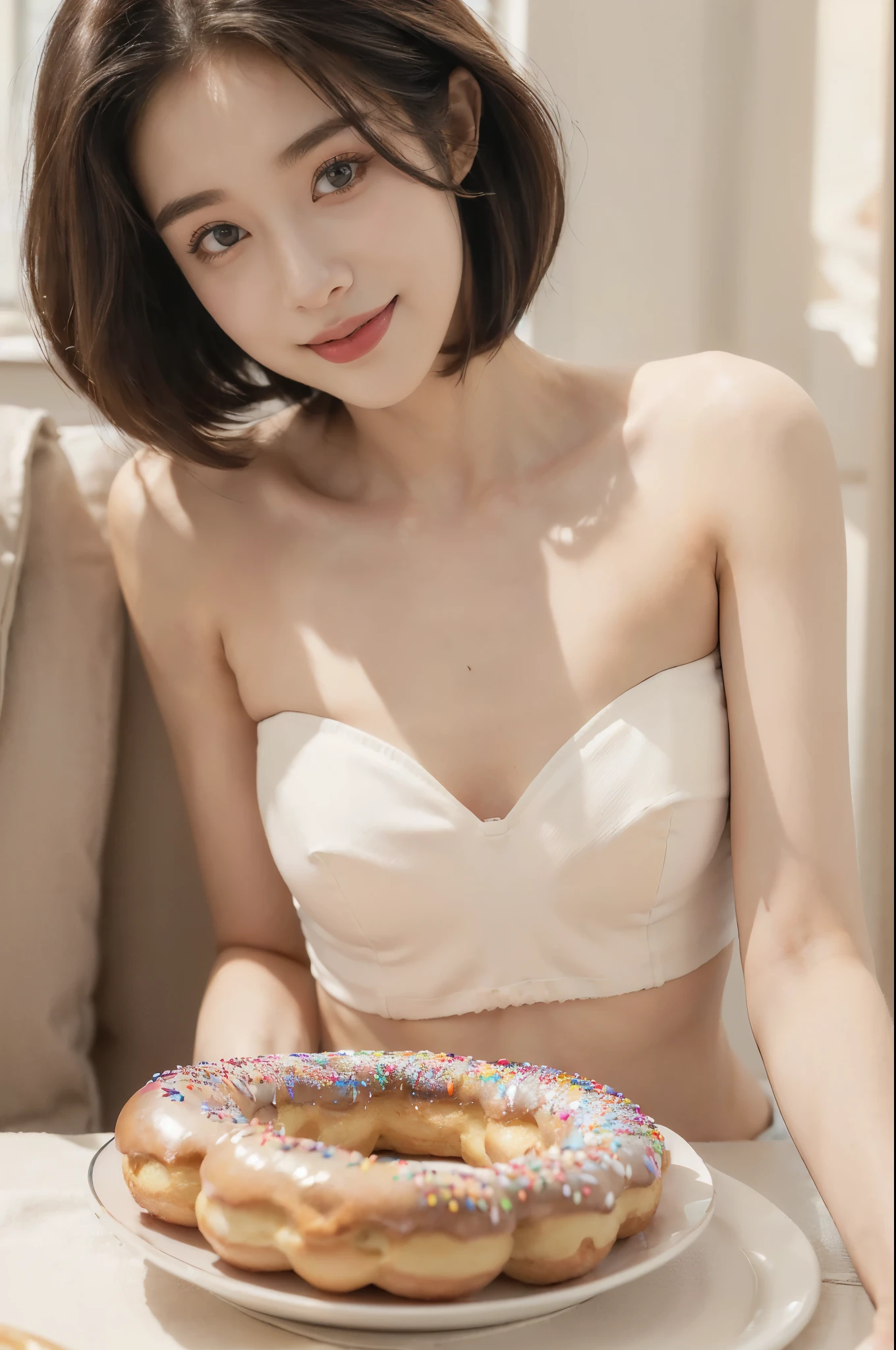 (((best quality))),(((ultra detailed))),(((masterpiece))),illustration,(Dopamine tone:1.3),(close-up of face:1.3),((a beautiful girl,solo)),(shoulder-length straight bob hair:1.2),((slim,thin)),((small breasts,flat chest)),(strapless white bra:1.3),(a plate of delicious donuts:1.3),(smile:1.2),cozy room,warm lighting,varied color donuts,(from front:1.3)