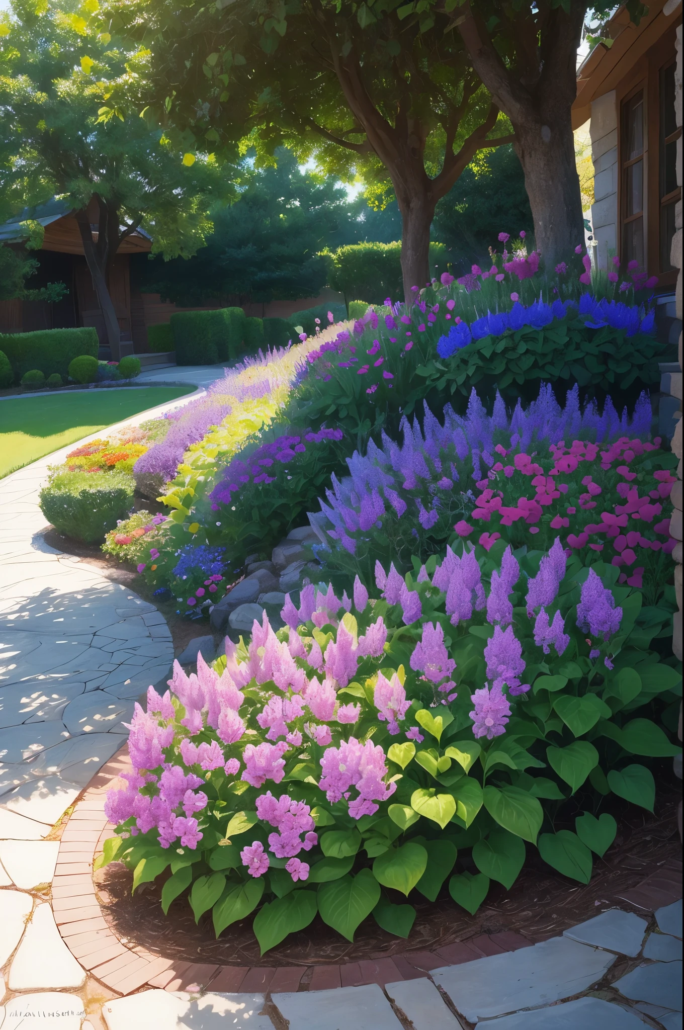 purple flowers are growing in a flower bed in a yard, a pastel by Manuel Ortiz de Zarate, flickr, hurufiyya, purple flower trees, beautiful flowers growing, incredibly beautiful, beautiful!!!!!!!!!, lush plants flowers, flowers and trees, lush flowery outdoors, beautiful large flowers, beautiful flowers, lush trees and flowers, beautiful plants, beautiful image, just beautiful
