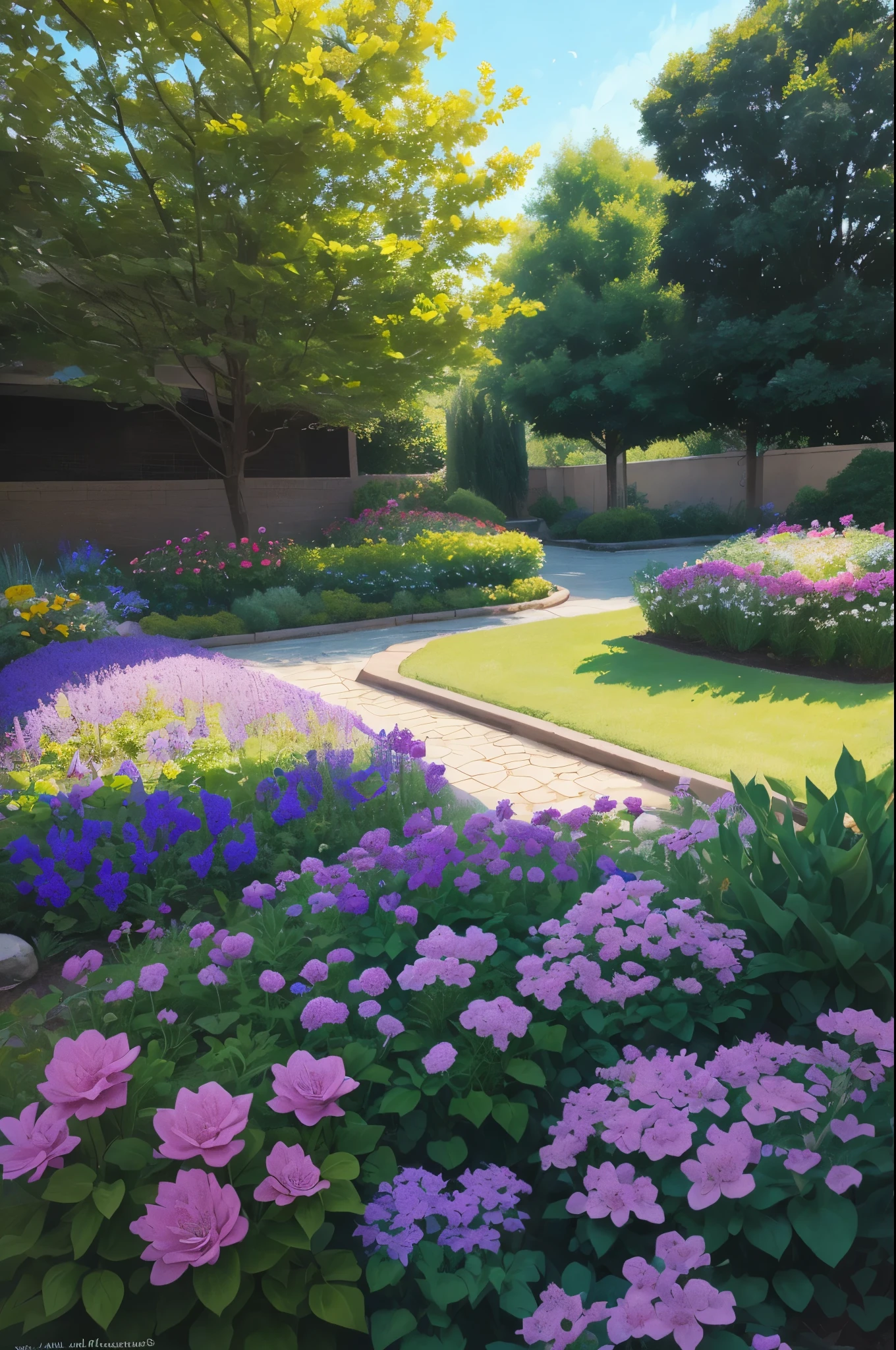 purple flowers are growing in a flower bed in a yard, a pastel by Manuel Ortiz de Zarate, flickr, hurufiyya, purple flower trees, beautiful flowers growing, incredibly beautiful, beautiful!!!!!!!!!, lush plants flowers, flowers and trees, lush flowery outdoors, beautiful large flowers, beautiful flowers, lush trees and flowers, beautiful plants, beautiful image, just beautiful