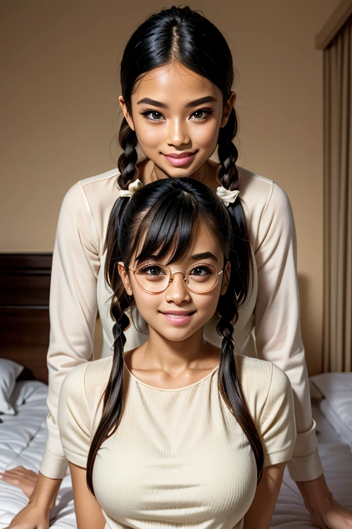 Young Face　Round glasses　Farbe々Hairstyle　Three Girls，Twin-tailed，Pigtails，，Bangs are aligned，Slightly chubby，tender，flexible，Short stature，Kuikomi Shirt，a bed，Smiling，The room is bright，Colossal tits，brownish hair