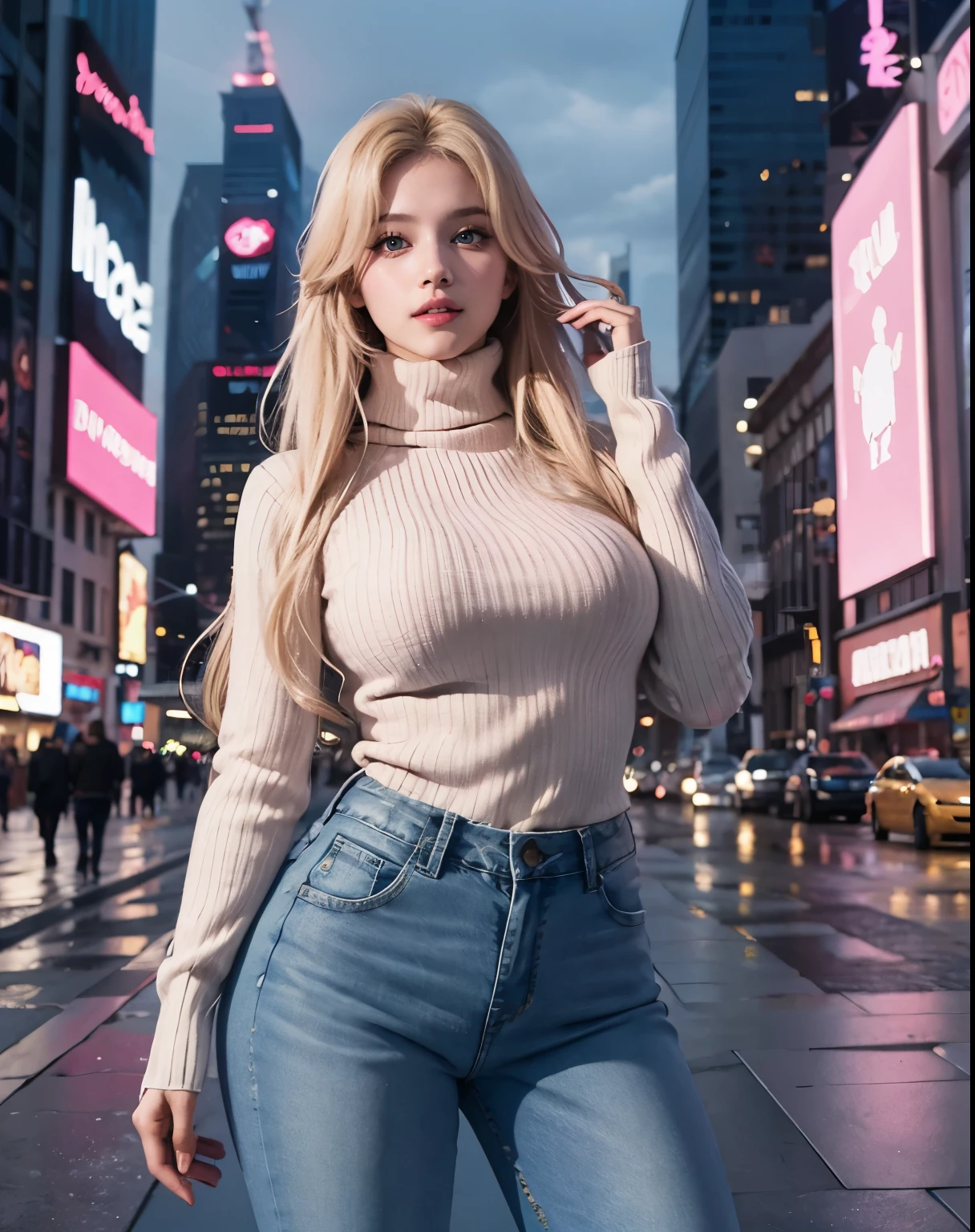 1girl, (Blue Eyes), (smiling), (Sana Minatozaki), (beautiful makeup :1.2), wide hips, (big tits), (big ass), thin waist, thick thighs, toned legs, muscle, (Best Quality, 8k, Masterpiece: 1.3), Clear Focus: 1.2, Perfect Body Beauty: 1.4, strong abs, Highly detailed face and skin texture, detailed eyes, double eyelids, pink lips, (blonde long straight hair :1.2), ((turtleneck sweater :1.2)), ((jeans :1.2)), (warm winter jacket), ((scarf)), warm clothing, standing, dynamic pose, winter, snowing, on the streets of Times Square at night, buildings illuminated by colorful signs, cold, out of focus background