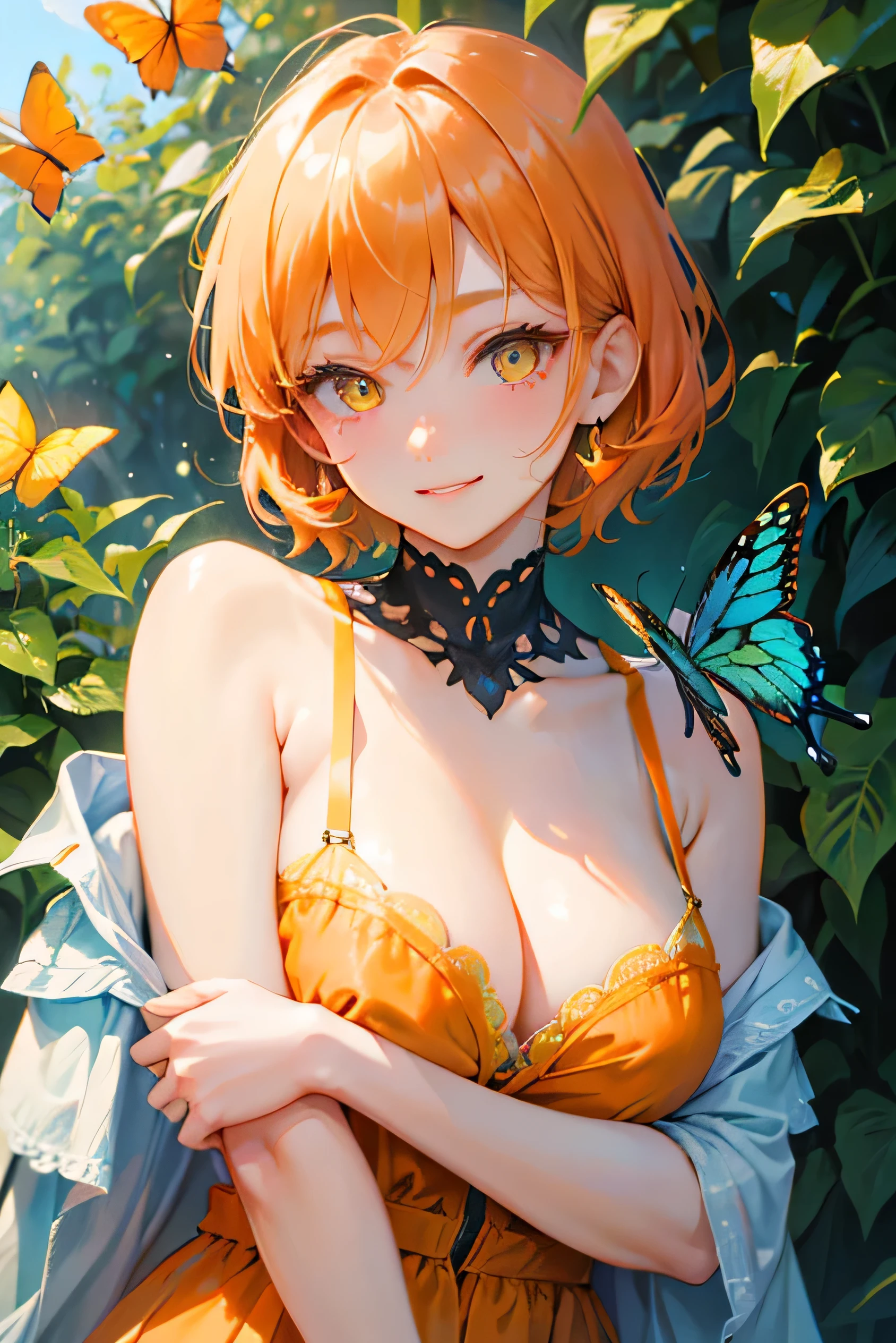 Beautiful adult woman、((Orange short hair))(Yellow Eyes))、Strong smile、Face close-up、A blue swallowtail butterfly lands on my shoulder