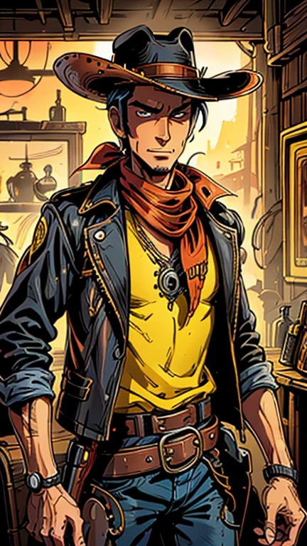 (1man, Lucky luke, yellow top, black jacket, jean, cowboy hat, red bandana), (extremely detailed CG unit 8k wallpaper),(master part), (best quality), (ultra detail), (best illustration),(melhor ombre), cowboy shot, (Sharp eyeliner, ombre, detail eyes:1), steampunk  style wild west saloon interiors background, ,break , (steampunkai), upper body, short hair, black hair