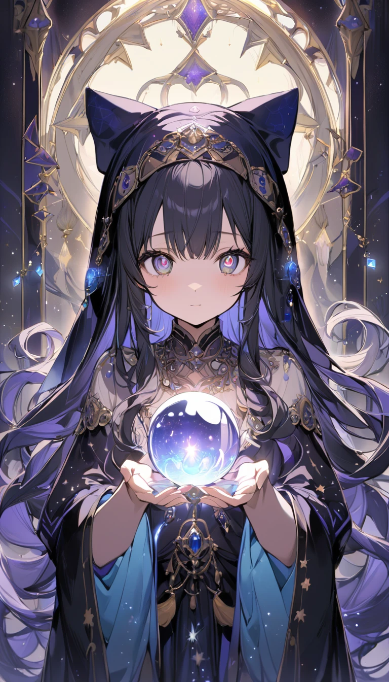 (masterpiece, sketches:1.1)A cute anime-style image of a young fortune-teller girl using a crystal ball for divination. The girl has large, expressive eyes and a calm, focused expression. She has long, flowing hair, possibly adorned with mystical accessories like stars or moons. She is wearing a colorful, ornate outfit with elements such as a headscarf, jewelry, and flowing sleeves. The setting is a mystical, dimly lit room with candles, tarot cards, and magical symbols. The crystal ball is glowing with a soft light, casting a magical aura around it. The focus is on the girl's upper body and face, capturing the atmosphere of the divination.