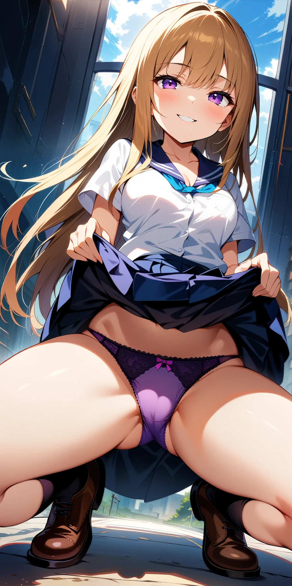 1 girl, , stand, long hair, golden hair, purple eyes, ((purple underwear)), (((Worn school uniforms))), ((naughty face)), (medium breasts), (c), (((showiwear))), (((((skirt lift by myself))))), (from front), from below, ((looking at viewer)), (((squat))), (((spread your legs wide))), ((32K)), ((best quality)), ((ultra high res)), ((HDR)), ((uhd)), ((extremely detailed CG)), ((unity 32K wallpaper)), ((perfect anatomy)),
