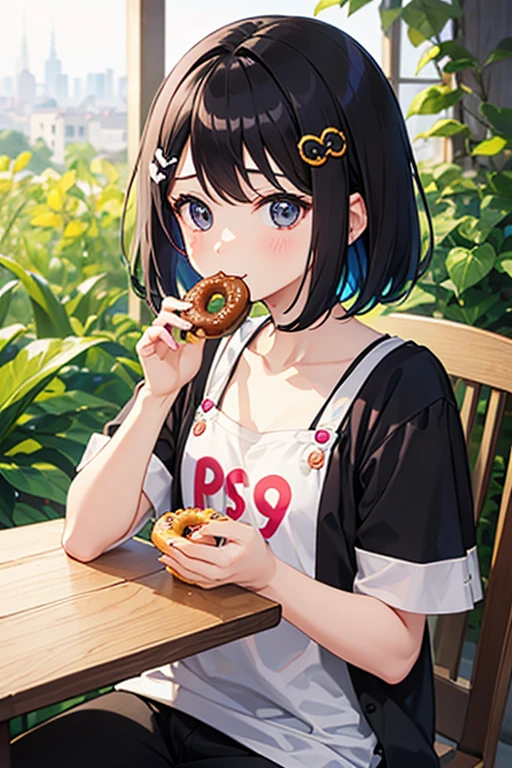 highest quality、Realistic、female、Japanese、zoom、cute、Gray Eyes、Chestnut Hair、short hair、Large white T-shirt、mini skirt、Plump、Eat soft serve ice cream