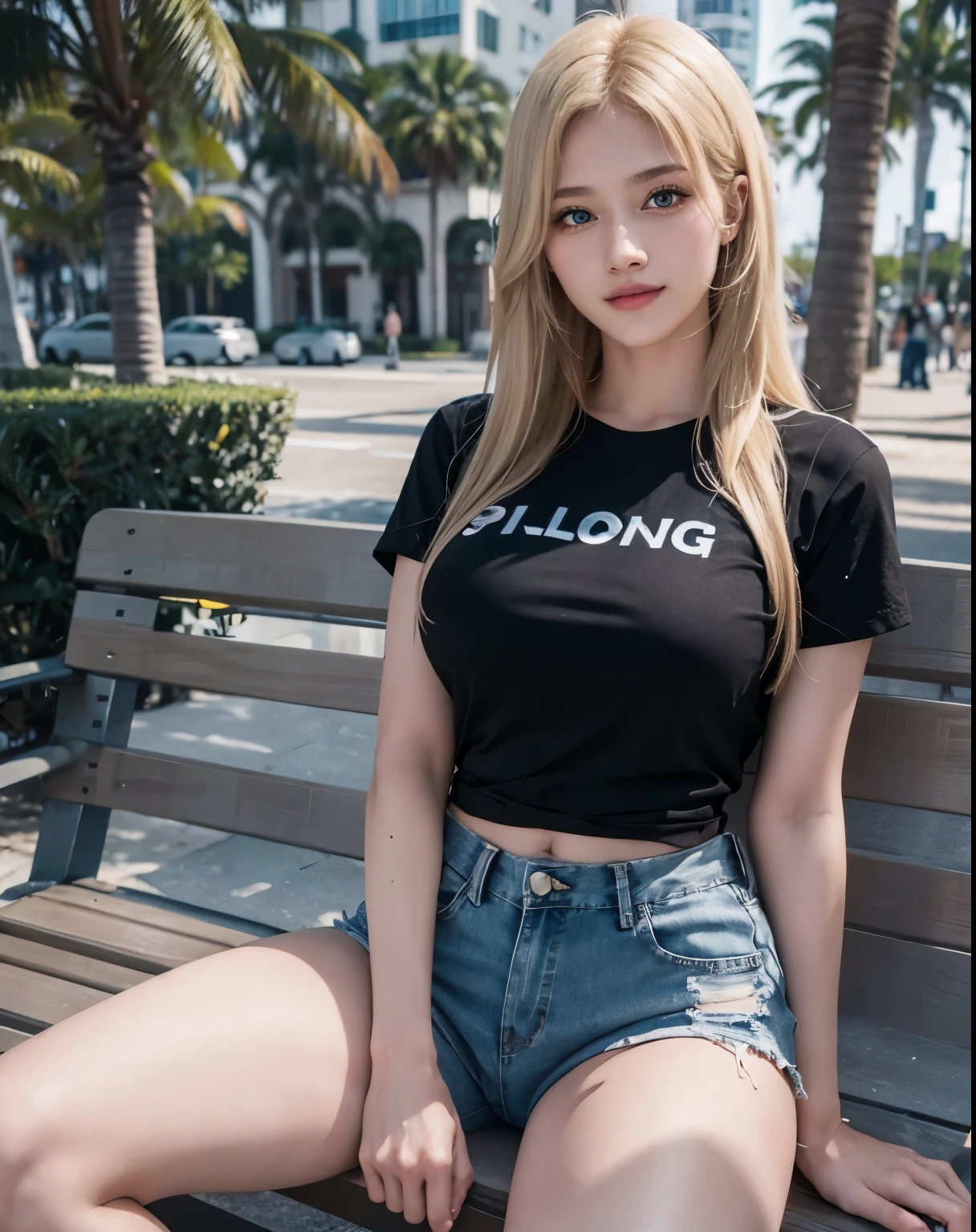 1girl, (Blue Eyes), (smiling :1.2), (Sana Minatozaki), wide hips, (big tits :1.1), (big ass) , thin waist, thick thighs, toned legs, muscle, (Best Quality, 8k, Masterpiece: 1.3), Clear Focus: 1.2, Perfect Body Beauty: 1.4, strong abs, Highly detailed face and skin texture, detailed eyes, double eyelids, (blonde long straight hair :1.2), (black t-shirt :1.2), (denim shorts), sitting on a bench, ((sexy pose :1.2)), on the streets of Miami, palm trees and bars in the background