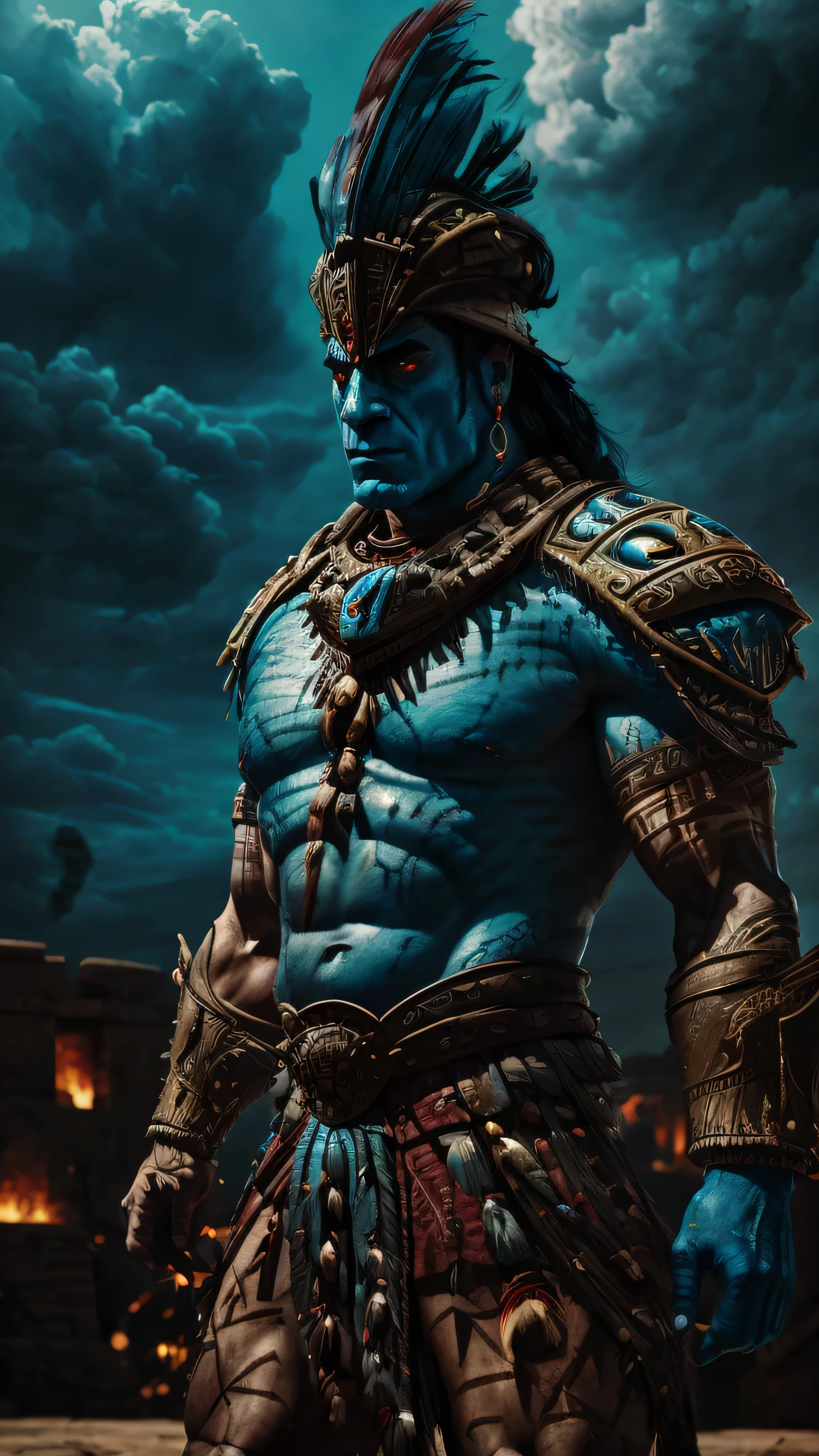 (Javier Bardem) as Kotal Kahn from Mortal Kombat, black long hair, glowing eyes, light blue tattoos, man warrior, brown helmet with feathers, brown armor, brown loincloth, (aztec temple background:1.0), (insanely detailed, beautiful detailed face, masterpiece, best quality), cinematic lighting, 1man, solo, full body view, front view, looking at viewer, intricate, high detail, sharp focus, dramatic, photorealistic painting art by greg rutkowski