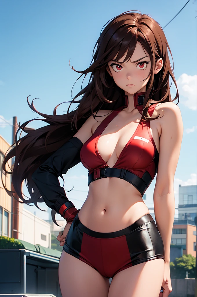 my hero academia style, a girl with red eyes, Brown hair, small breasts, challenging and serious look, being raped by All migth