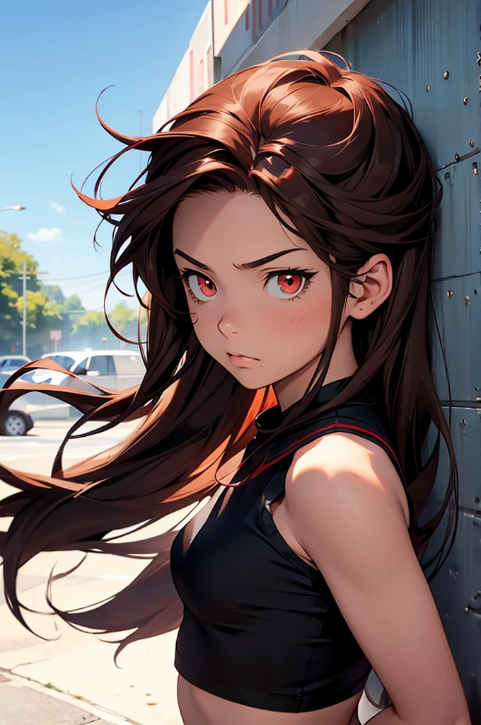my hero academia style, a girl with red eyes, Brown hair, small breasts, challenging and serious look, being raped by All migth