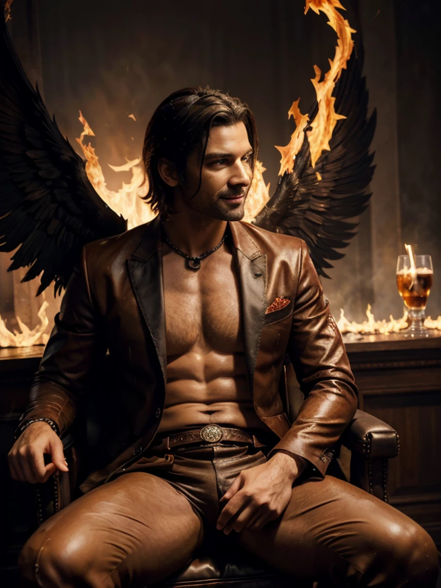 (8k, best quality, masterpiece:), Lucifer Morningstar, one masculine British male angel with dark hair, mischievous smile, flaming wings, devil, fallen angel, flames in background, details, dark suit, club theme, 1:1 ratio, sitting on a throne drinking whiskey, details, realistic