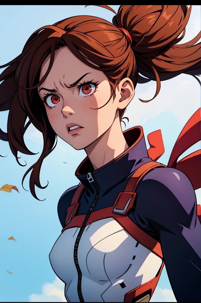 my hero academia style, a girl with red eyes, Brown hair, small breasts, challenging and serious look,
