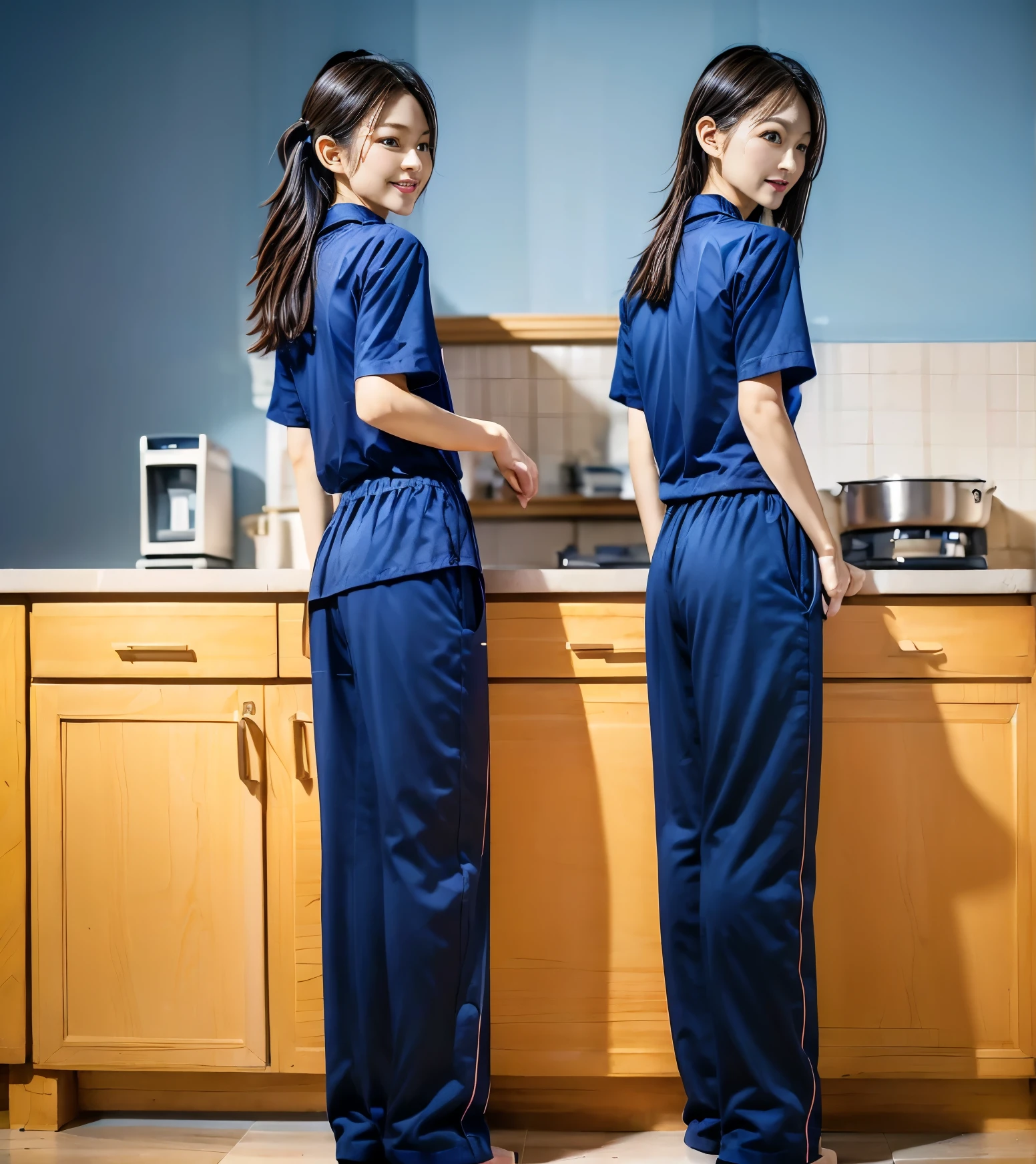 (best quality,10,10,height,Masterpiece:1.2),Special details,(realistic,ภาพrealistic,Realistic photos:1.37),1 Cute girl in the kitchen,shiny, ผิวshiny,only,smile softly,BDclothelue shirt:1.3)),short sleeve,shirt, กางเกงขาlong.,(navy_long_track pants:1.1), ((Kitchen Background)),Dynamic angle,excited,Face focus,dynamic poses,from behind,focus on ass,Masterpiece, best quality, ultra realistic, hyper detail, 8k resolution, raw photos, Sharp focus, ((Navy blue shirt:1.1)), short sleeve, เส้นทางlong, perfect body, 2 mature women, 18 years old, Cinema-grade lighting system,blue sweatpants,shirtผ้าออกกำลังกาย,correct anatomy,perfect body, correct body, Sharp face, correct bodyทางกายวิภาค, full body, realistic gestures, long-haired, realistic poses,Wear long shorts...........................,ช่วงขาlong,Good shape,carved girl, Slender figure, model, Good shape, beautiful body,blue sweatpants, two girls kissing