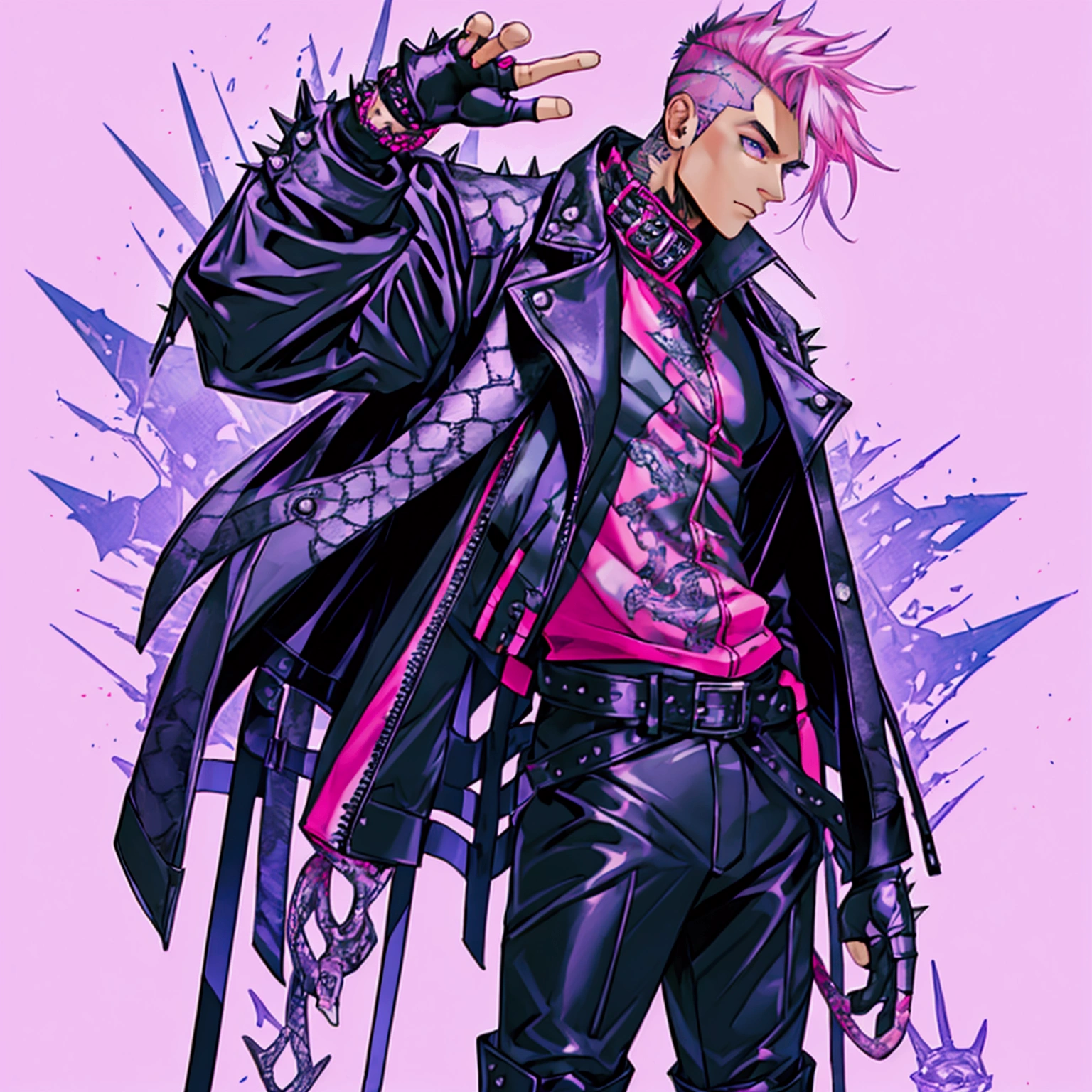 a young male with a pink and tear undercut, wearing a plaid leather punk jacket with metal spikes, wearing fingerless gloves, wearing purple snake skin pants, wearing cowboy boots