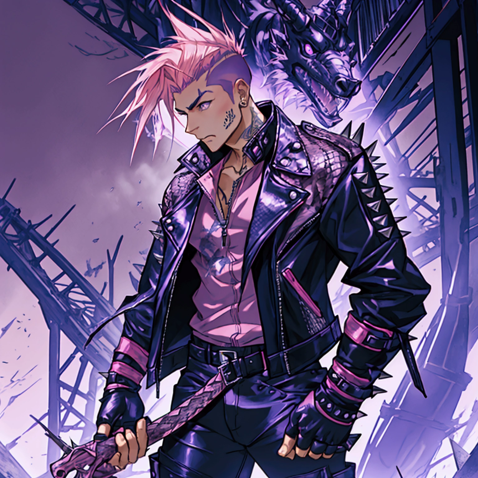 a young male with a pink and tear undercut, wearing a plaid leather punk jacket with metal spikes, wearing fingerless gloves, wearing purple snake skin pants, wearing cowboy boots