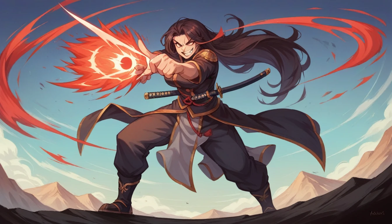 best quality, masterpiece, ultra-detailed, high quality, highres, male character wielding a glowing tool, such as a hammer, as he forges or creates something magical at an anvil, evil smile, Opposite him, place a female character with long hair, wearing a striking outfit, engaging in the process with an intense expression, She is holding a katana in one hand, pointing it slightly downward, mature female, while her other hand is raised, Include a dramatic background with elements like mountains or cliffs to enhance the action and energy of the scene.