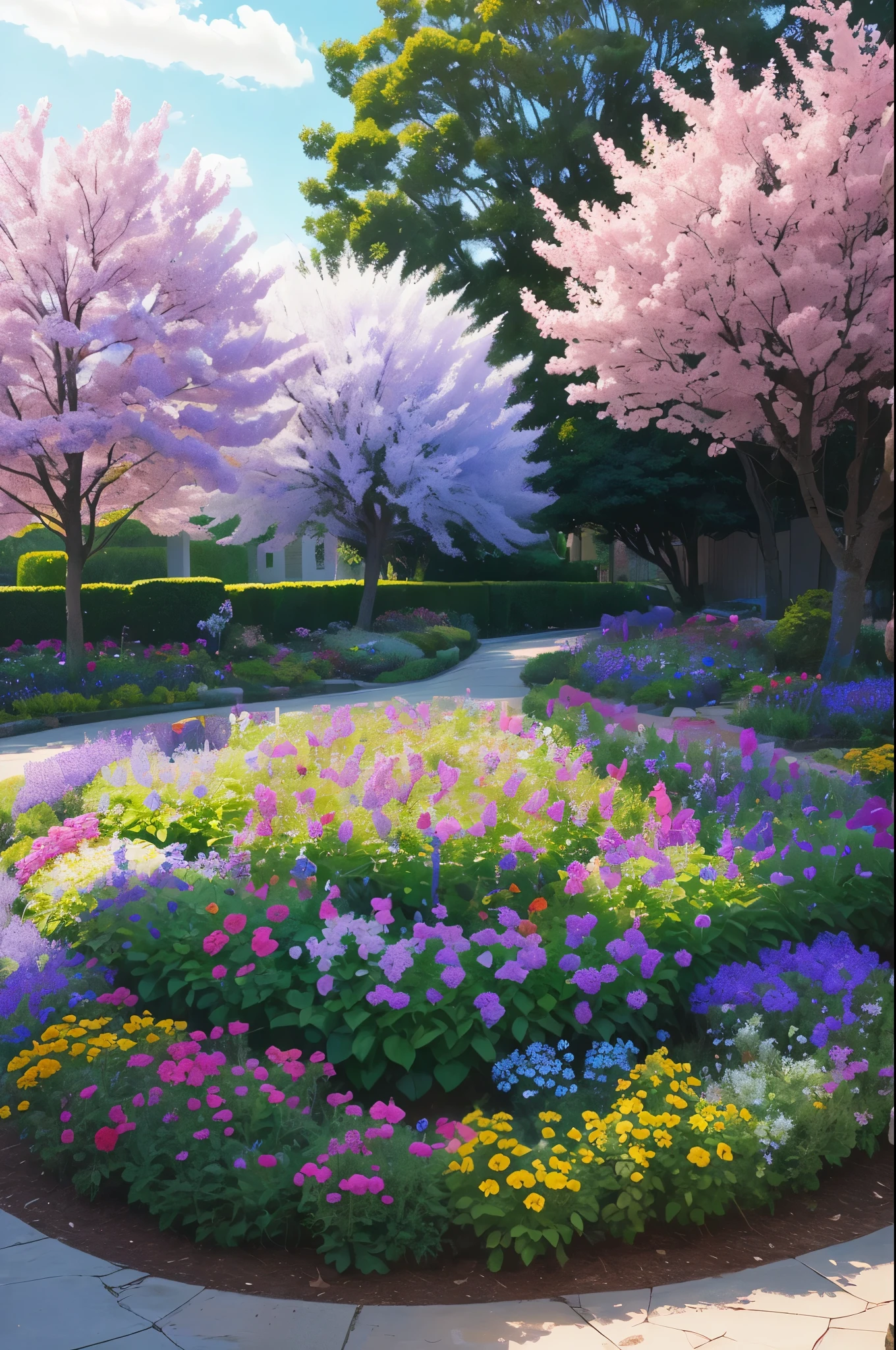 purple flowers are growing in a flower bed in a yard, a pastel by Manuel Ortiz de Zarate, flickr, hurufiyya, purple flower trees, beautiful flowers growing, incredibly beautiful, beautiful!!!!!!!!!, lush plants flowers, flowers and trees, lush flowery outdoors, beautiful large flowers, beautiful flowers, lush trees and flowers, beautiful plants, beautiful image, just beautiful
