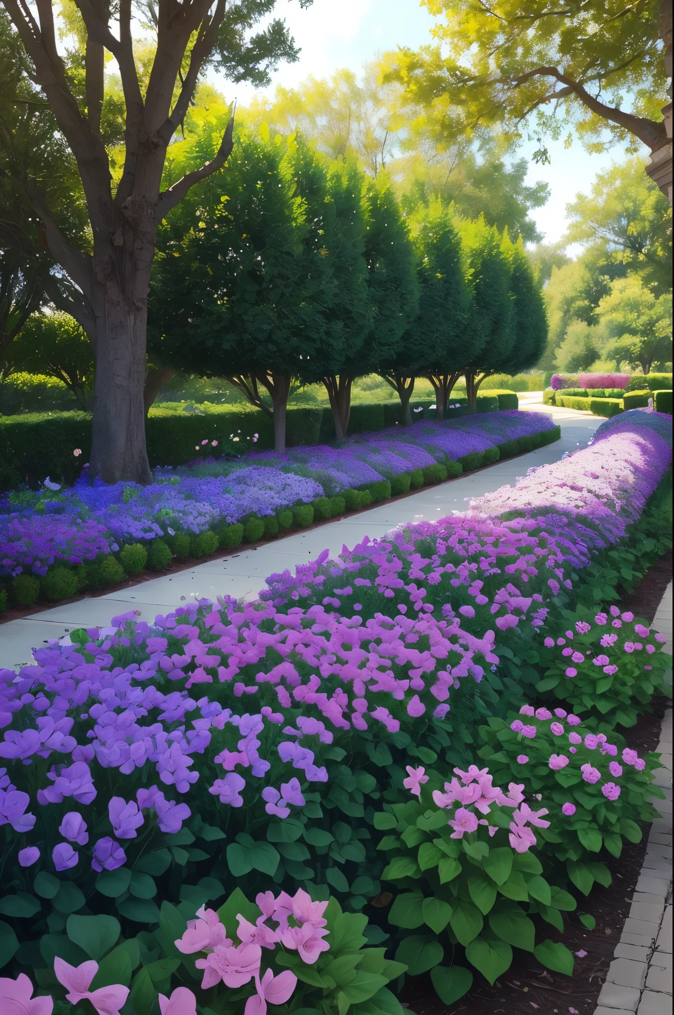 purple flowers are growing in a flower bed in a yard, a pastel by Manuel Ortiz de Zarate, flickr, hurufiyya, purple flower trees, beautiful flowers growing, incredibly beautiful, beautiful!!!!!!!!!, lush plants flowers, flowers and trees, lush flowery outdoors, beautiful large flowers, beautiful flowers, lush trees and flowers, beautiful plants, beautiful image, just beautiful