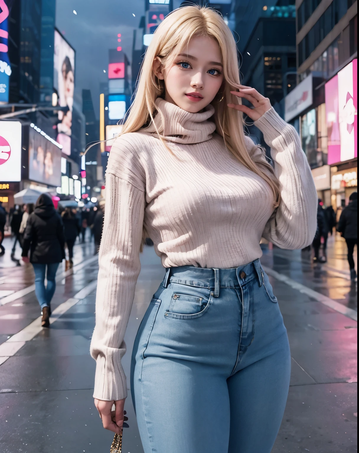 1girl, Blue eyes, (smile), (Sana Minatozaki), wide hips, Big , big ass, (Best Quality, 8k, Masterpiece: 1.3), perfect hands, Clear Focus: 1.2, Perfect Body Beauty: 1.4 , Strongs Abs: 1.2, Highly detailed face and skin texture, detailed eyes, double eyelids, (blonde long hair :1.2), (square reading glasses :1.4), (black long sweater :1.3), (jeans), standing, looking to the camera, on the streets of shibuya tokyo, japan