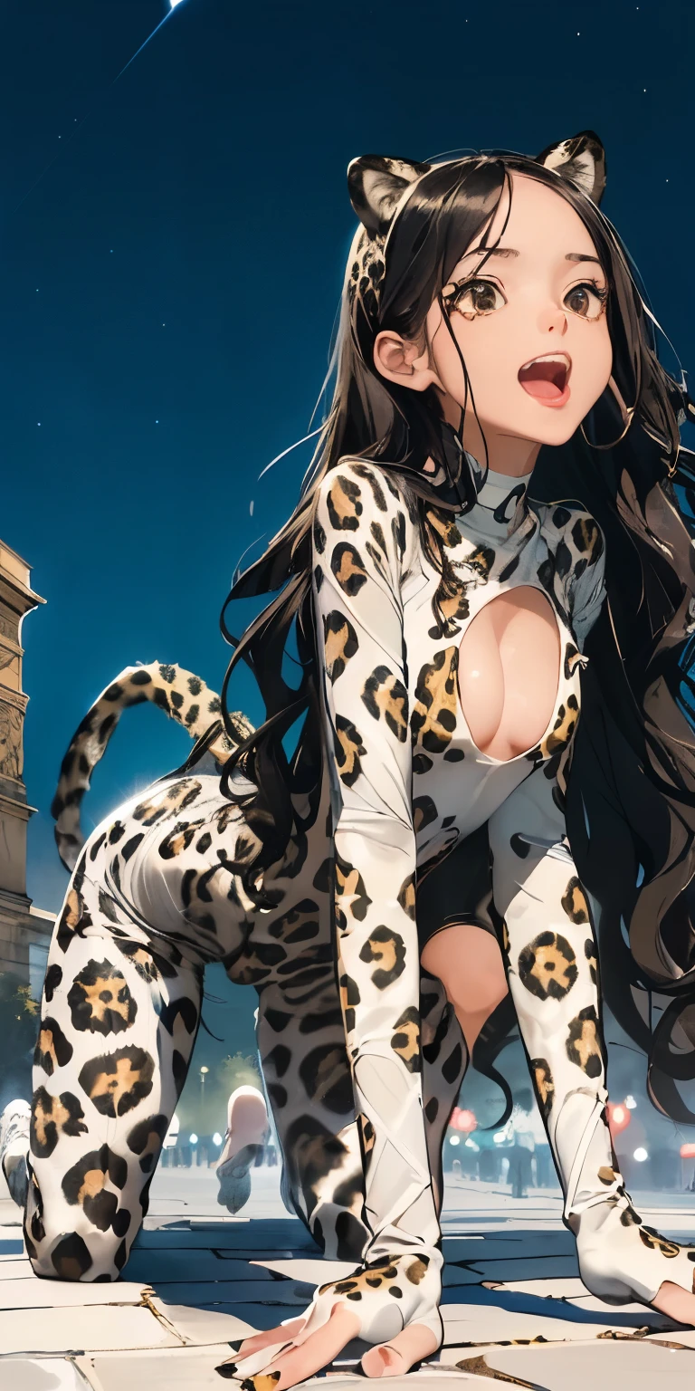 (Open mouth and climax face)Hip Up Zoom((10 year old girl with long black wavy hair))Realistically、(Keep your head low、Get on all fours with your butt sticking out、)Emphasize the tail、Open and sexy look、Accentuate your cleavage、(((Wearing a white leopard print bodysuit)))、Various sexy poses、background (Arc de Triomphe at night)