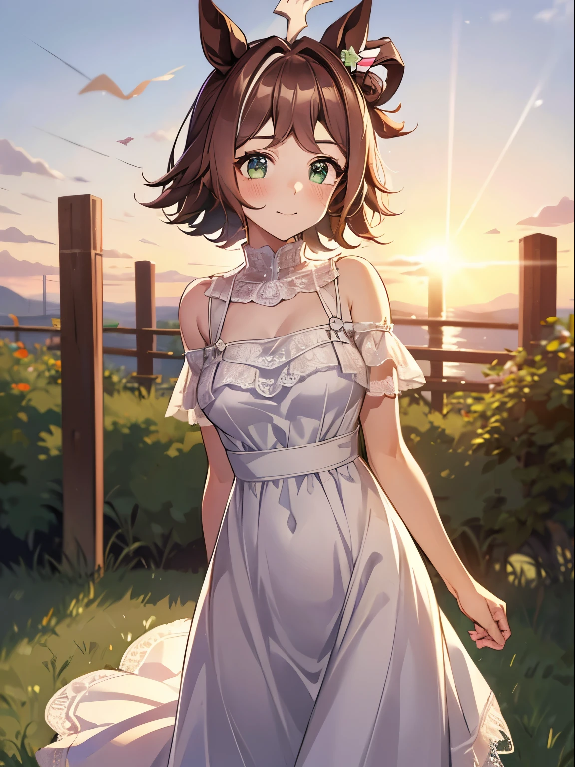 rhein kraft \(umamusume\), 1 girl, Solo, Cute Girl,Best Quality, Ultra-detailed, 8K, High resolution, detailed face, madeon, (((white dress, sun dress, lacy dress))),