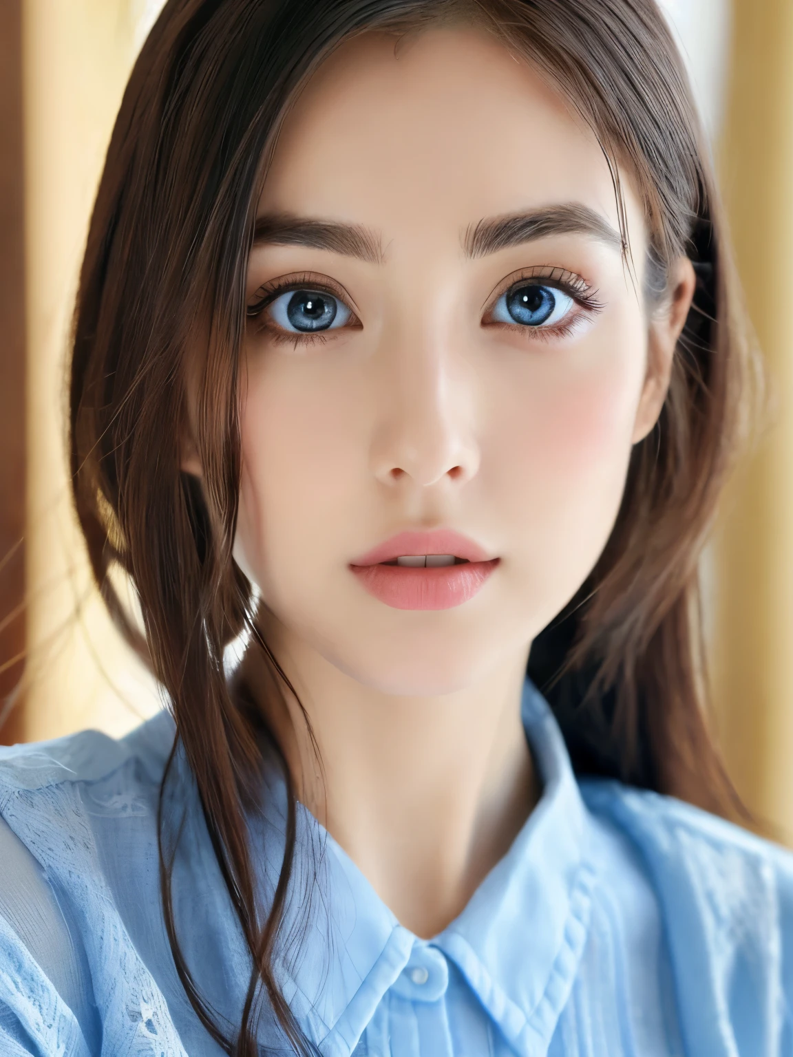 (((32k,high details,high detail、masterpiece,attention to detail,alone))),Raw photo & realistic atmosphere,beautiful dark blue eyes,detailed mouth,glossy lips,thin eyebrows,fine eyes、Soft white skin that shines in every detail、Her deep black eyes are very beautiful,lip details、very beautiful face,very well-shaped face、lifelike face,shining beautiful lips,beautiful eyebrows,infinite reality, Realistic young gravure idol,she'she'she'she'she'she's a very cute woman , young gravure idol, young gravure idol, Very beautiful and cute 21 year old beautiful girl,incredibly beautiful and classy,21 year old beautiful girl,natural soft light,(shiny hair,,Beautiful and kind eyes:1.5),gentle smile,well-shaped chest,medium long hair,tie hair,beautiful posture,no makeup,think ahead,A little camera gaze