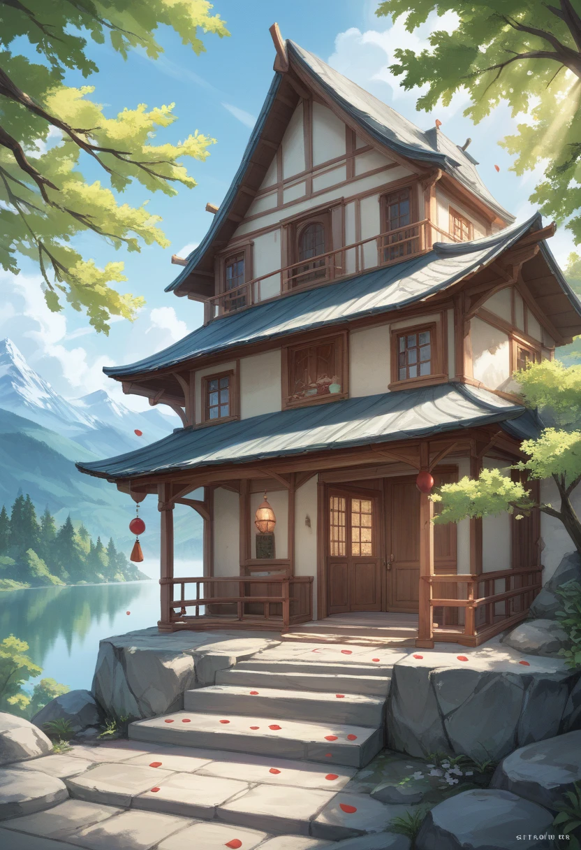 score_7_up,score_8_up,score_9,source anime,surper detail,1girl,An old house standing by the lakeside, with morning sunlight streaming through the windows, filling the room with warm light. The lake surface is as calm as a mirror, reflecting the surrounding mountains. A cherry tree in full bloom stands in front of the house, its petals dancing in the morning breeze. The beauty and tranquility of nature deeply resonate, creating a touching morning scene.