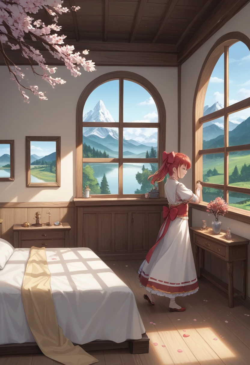 score_7_up,score_8_up,score_9,source anime,surper detail,1girl,An old house standing by the lakeside, with morning sunlight streaming through the windows, filling the room with warm light. The lake surface is as calm as a mirror, reflecting the surrounding mountains. A cherry tree in full bloom stands in front of the house, its petals dancing in the morning breeze. The beauty and tranquility of nature deeply resonate, creating a touching morning scene.