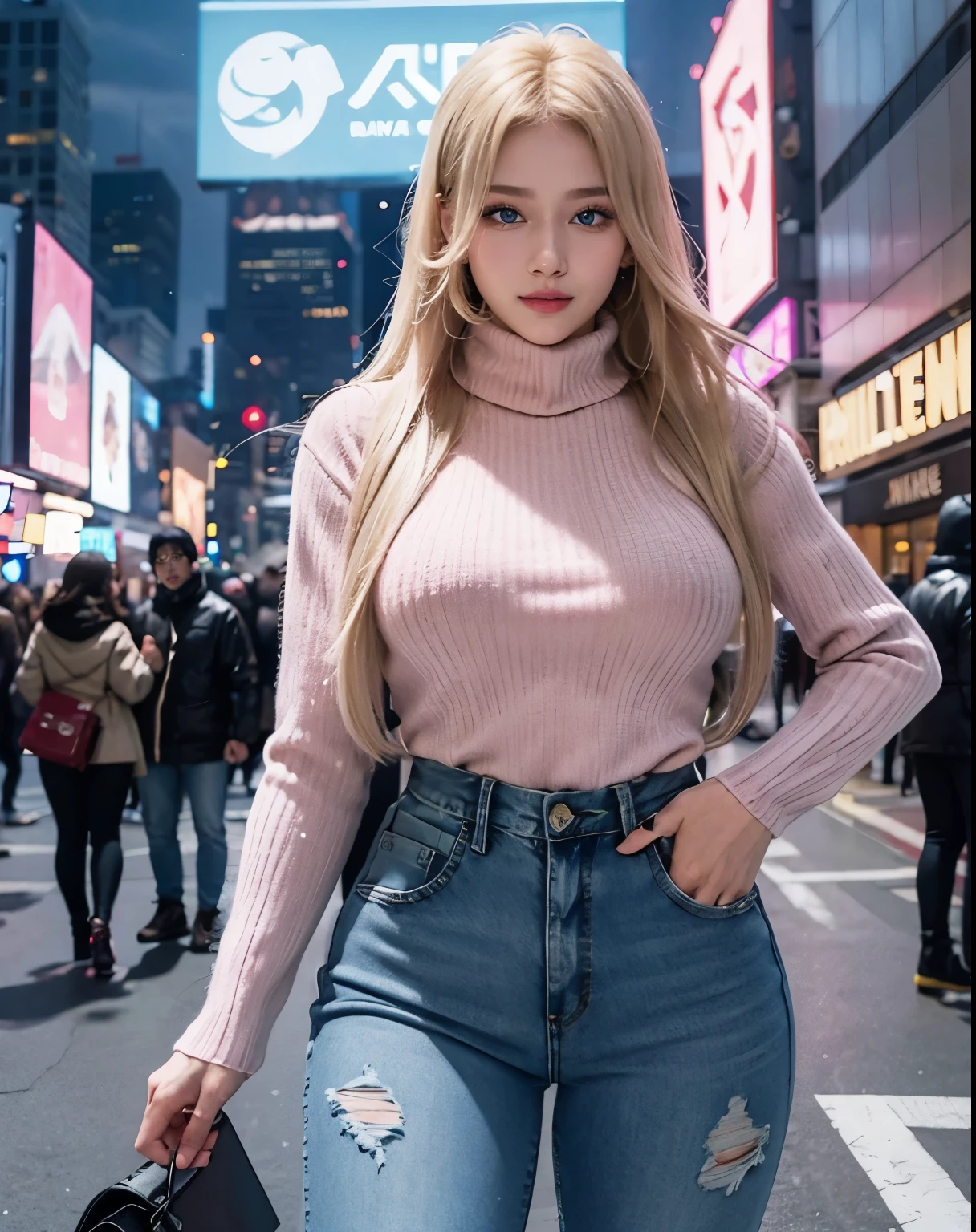 1girl, (Blue Eyes), (smiling), (Sana Minatozaki), (beautiful makeup :1.2), wide hips, (big tits), (big ass), thin waist, thick thighs, toned legs, muscle, (Best Quality, 8k, Masterpiece: 1.3), Clear Focus: 1.2, Perfect Body Beauty: 1.4, strong abs, Highly detailed face and skin texture, detailed eyes, double eyelids, pink lips, (blonde long straight hair :1.2), ((turtleneck sweater :1.2)), ((jeans :1.2)), (warm winter jacket), ((scarf)), warm clothing, standing, dynamic pose, winter, snowing, on the streets of Times Square at night, buildings illuminated by colorful signs, cold, out of focus background