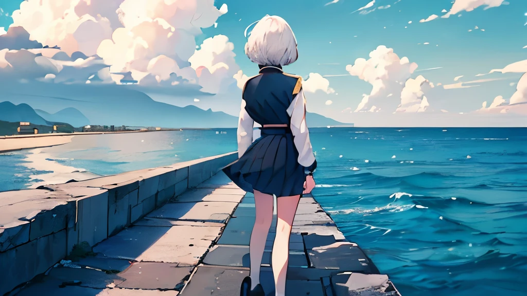 (Top quality, masterpiece),(One girl, standing on breakwater, full body, uniform, short hair, white hair, with her back to us), (Summer sky, cumulonimbus clouds, sea, breakwater),(Lo-fi art style)