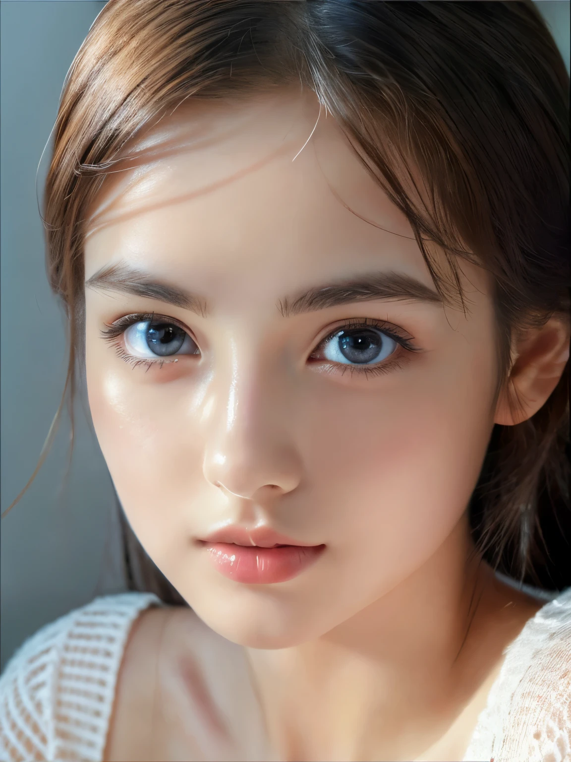 (((32k,high details,high detail、masterpiece,attention to detail,alone))),Raw photo & realistic atmosphere,beautiful dark blue eyes,detailed mouth,glossy lips,thin eyebrows,fine eyes、Soft white skin that shines in every detail、Her deep black eyes are very beautiful,lip details、very beautiful face,very well-shaped face、lifelike face,shining beautiful lips,beautiful eyebrows,infinite reality, Realistic young gravure idol,she'she'she'she'she'she's a very cute woman , young gravure idol, young gravure idol, Very beautiful and cute 21 year old beautiful girl,incredibly beautiful and classy,21 year old beautiful girl,natural soft light,(shiny hair,,Beautiful and kind eyes:1.5),gentle smile,well-shaped chest,medium long hair,tie hair,beautiful posture,no makeup,think ahead,A little camera gaze