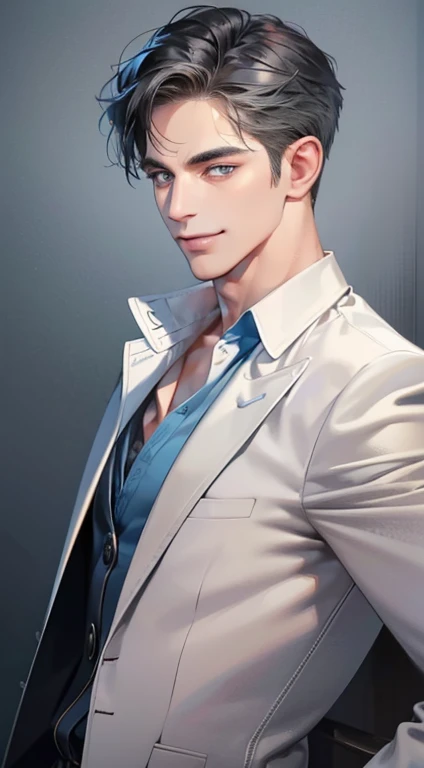 (best quality, masterpiece, 8K, photorealistic, cinematic lighting, 1:4 hdr image, ultra detailed, beautiful image), a mature man, 34 years very handsome, ((cold expression smile in love)), short gray black hair, blue gray eyes, face perfect without mistakes, ((buttoning his jacket, CEO))