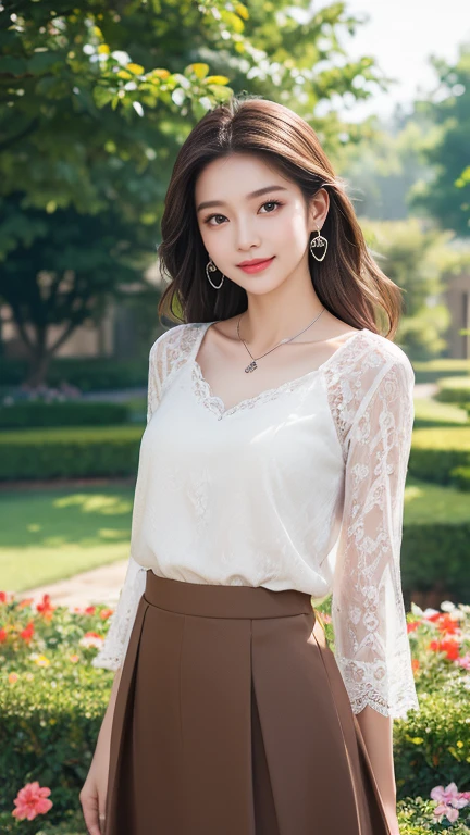 (Highest quality、 8k 、masterpiece、High resolution)、Young lovely woman、Ample breasts、Beautiful clavicle、Slender beauty、(Brown hair medium、My hair is blowing in the wind、Flows backwards)、whole body、 (Beautiful Face,Beautiful Eyes,Beautiful nose,Pretty lips)、(Earrings、silver heart pendant necklace)、(Feminine Style、3/4 Sleeve Lace Blouse、See-through long skirt)、Her mouth opens slightly and a smile appears.、Dynamic pose、Outdoor、(garden、Colorful flowers)、looking at the camera、Professional Lighting、Professional photographer、