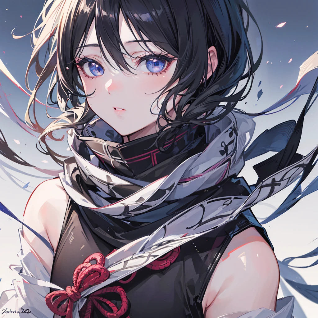 (best quality,4k,8k,highres,masterpiece:1.2),ultra-detailed,(realistic,photorealistic,photo-realistic:1.37),highly detailed anime boy in the style of kimetsu no yaiba,beautiful detailed eyes,beautiful detailed lips,extremely detailed eyes,dramatic lighting,vivid colors,vibrant,chiaroscuro,cinematic composition,epic scale,stunning details, a scarf covering his mouth, short black and grey hair