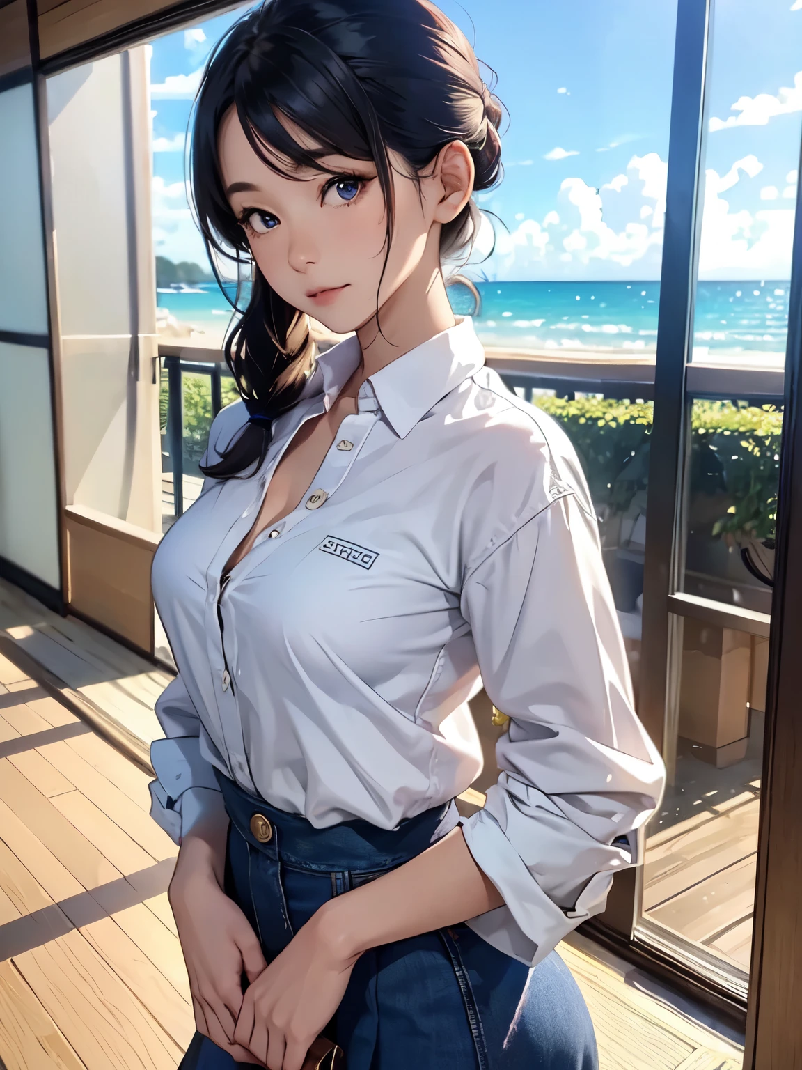 ((top quality, 8 K, masterpiece: 1.3)), 1 girl, Pretty japanese woman, which emphasizes slim abs: 1.3, (casual hairstyle, standard breast: 1.2), uniform: 1.2, 1 boil, Pretty japanese woman, which emphasizes slim abs. No.: 1.4, (casual hairstyle, standard breast: 1.2), uniform: 1.2, beach, super detailed face, detailed eyes, double eyelid