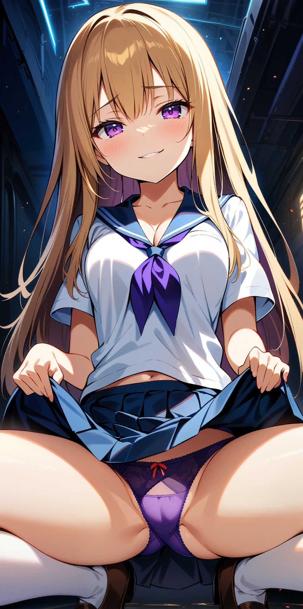 1 girl, , stand, long hair, golden hair, purple eyes, ((purple underwear)), (((Worn school uniforms))), ((naughty face)), (medium breasts), (cleavage), (((showing underwear))), (((((skirt lift by myself))))), (from front), from below, ((looking at viewer)), ((((squat)))), (((spread your legs wide))), ((32K)), ((best quality)), ((ultra high res)), ((HDR)), ((uhd)), ((extremely detailed CG)), ((unity 32K wallpaper)), ((perfect anatomy)),