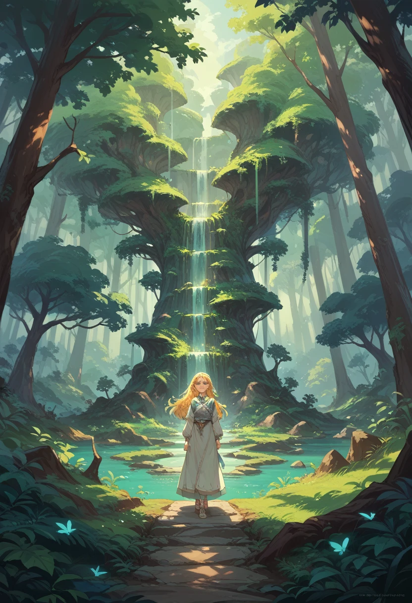 1girl,long hair, masterpiece, ultra high res, standing,from front,smile,A dreamlike forest where trees glow with bioluminescent light, and floating islands drift gently in the sky above