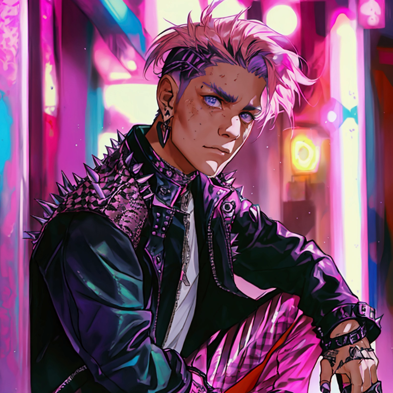 a young male with a pink and tear undercut, wearing a plaid leather punk jacket with metal spikes, wearing fingerless gloves, wearing purple snake skin pants, wearing cowboy boots