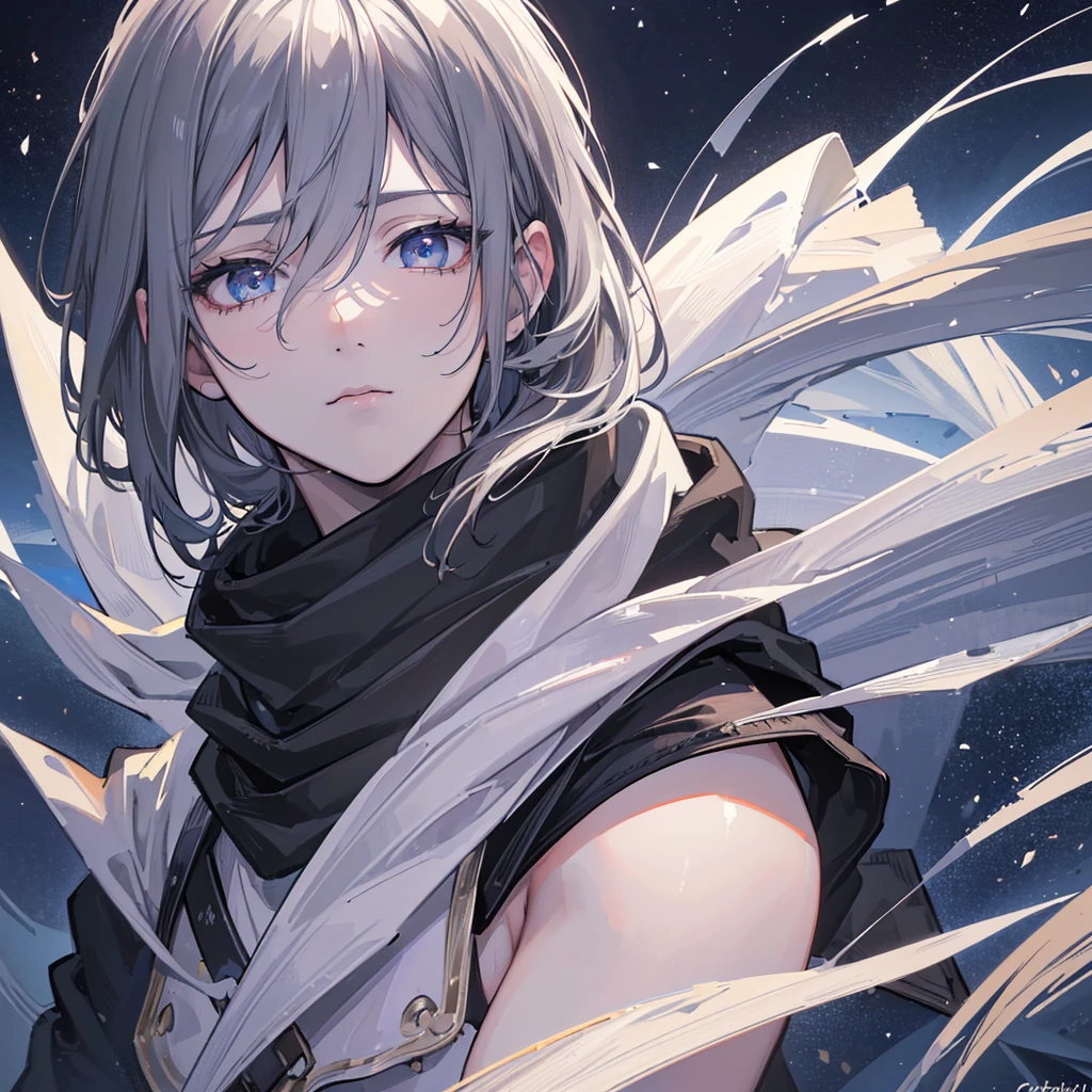 (best quality,4k,8k,highres,masterpiece:1.2),ultra-detailed,(realistic,photorealistic,photo-realistic:1.37),highly detailed anime boy,beautiful detailed eyes,beautiful,extremely detailed eyes,dramatic lighting,vivid colors,vibrant,chiaroscuro,cinematic composition,epic scale,stunning details, a scarf covering his mouth, short black and grey hair