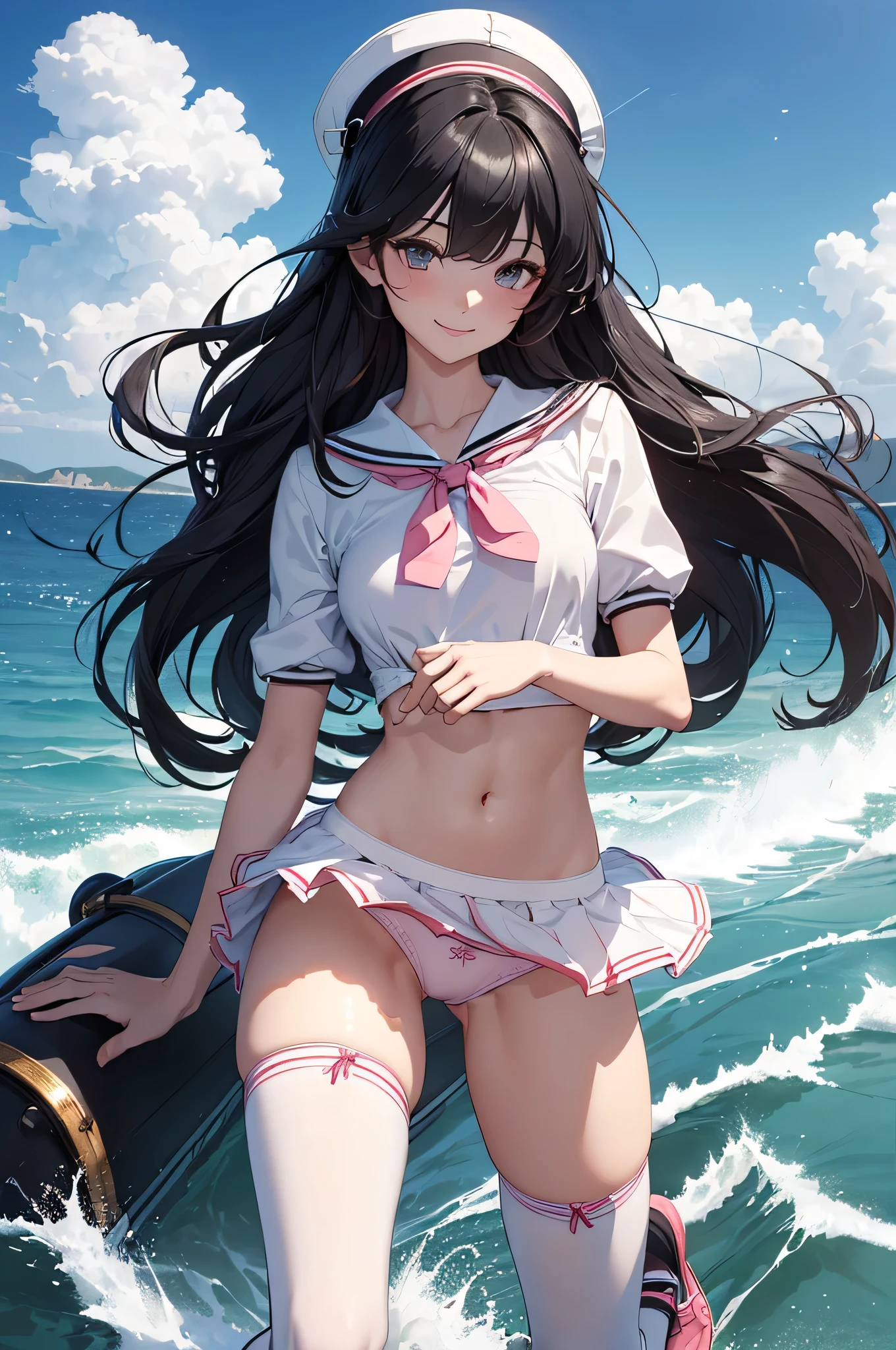 ((Top quality)), ((masterpiece)), (details),
High resolution, super detailed, very detailed CG Unity 8k wallpaper, real, photorealistic,
Beautiful fine face, detailed face.
Pale skin, realistic shining skin.
Detailed fabric texture, detailed hair texture.
(Eyes with attention to beautiful details: 1.5),
(Small hand), ((perfect hand)).
Slim legs, detailed legs.
((Perfect Anatomy)).
Perfect lighting.
Break
A girl,age:16
(Black hair:1.3),
Medium Hair, Perm Hair,
((smile:1.2))
((Black eyes: 1.2), pink highlights)
(Slender: 1.1), (Big chest: 1.2),
(Big butt: 1.2),
(Pluffy thighs: 1.2).
Sailor cap,, sailor suit, traditional Japanese style with navy blue and white colors, detailed ribbon and pleated skirt
((String panties:1.2), (white high socks:1.3),
Arched Backing,saluting,
Break
((Full body shorts)),
Background On the sea, ride the floating ring of the shape of a ship,
Wave splashes fly, summer daytime,